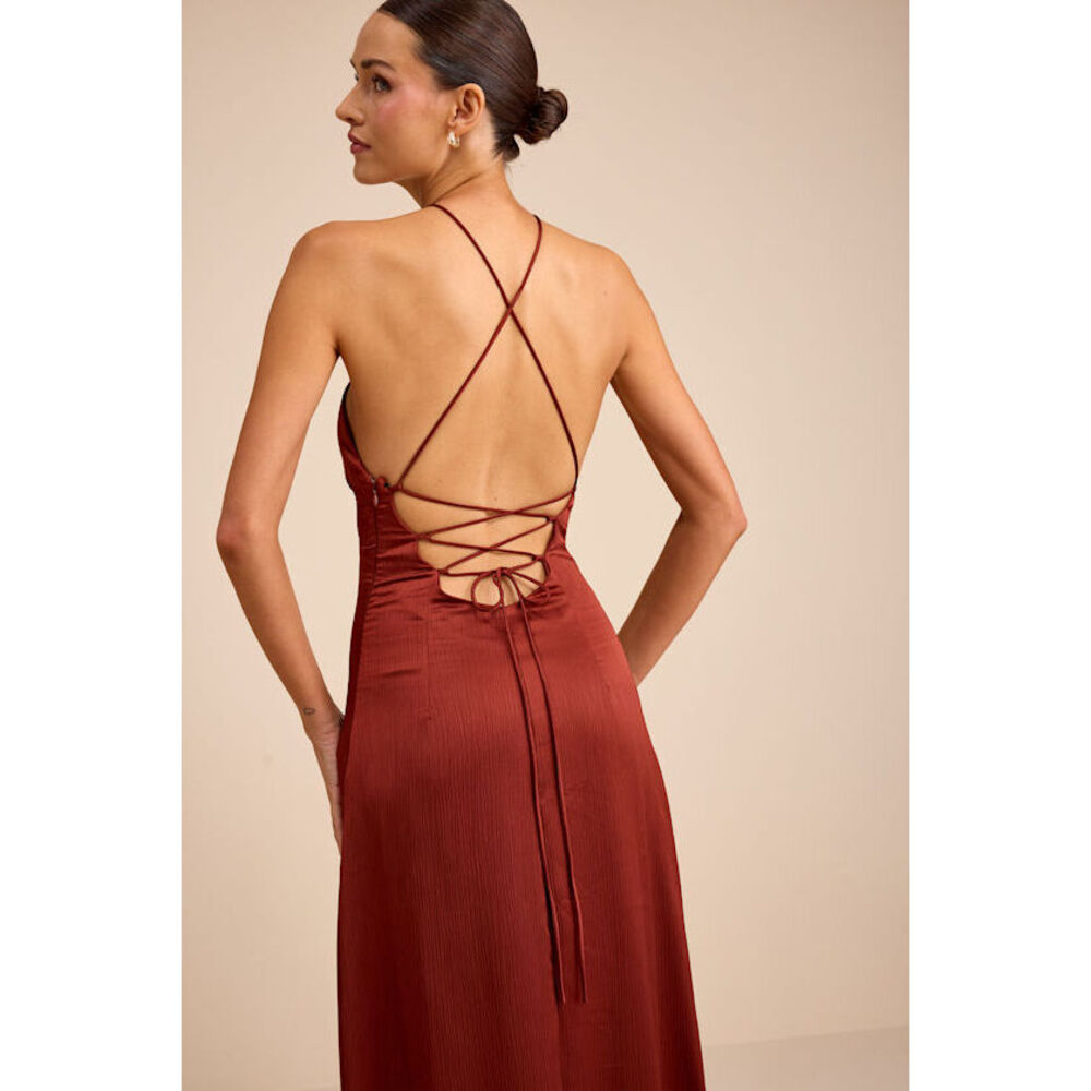 Lulu's Rust Red Satin Maxi Dress with Lace-Up Back